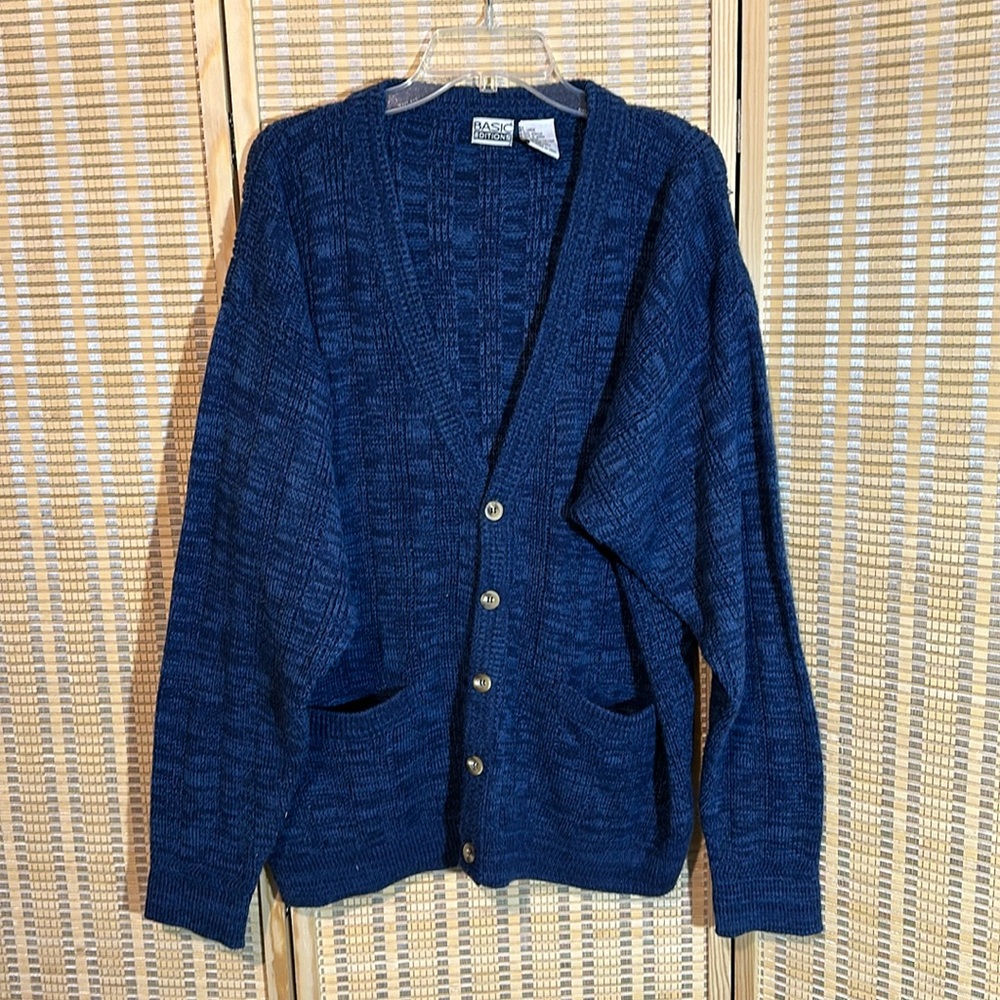 Basic Editions Vintage 1990s Y2K Blue Loose Waffle Knit Cardigan Sweater Large